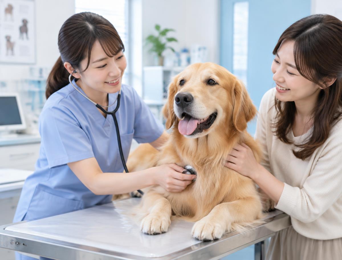 獣医師の健康チェックを受ける犬と、見守る飼い主